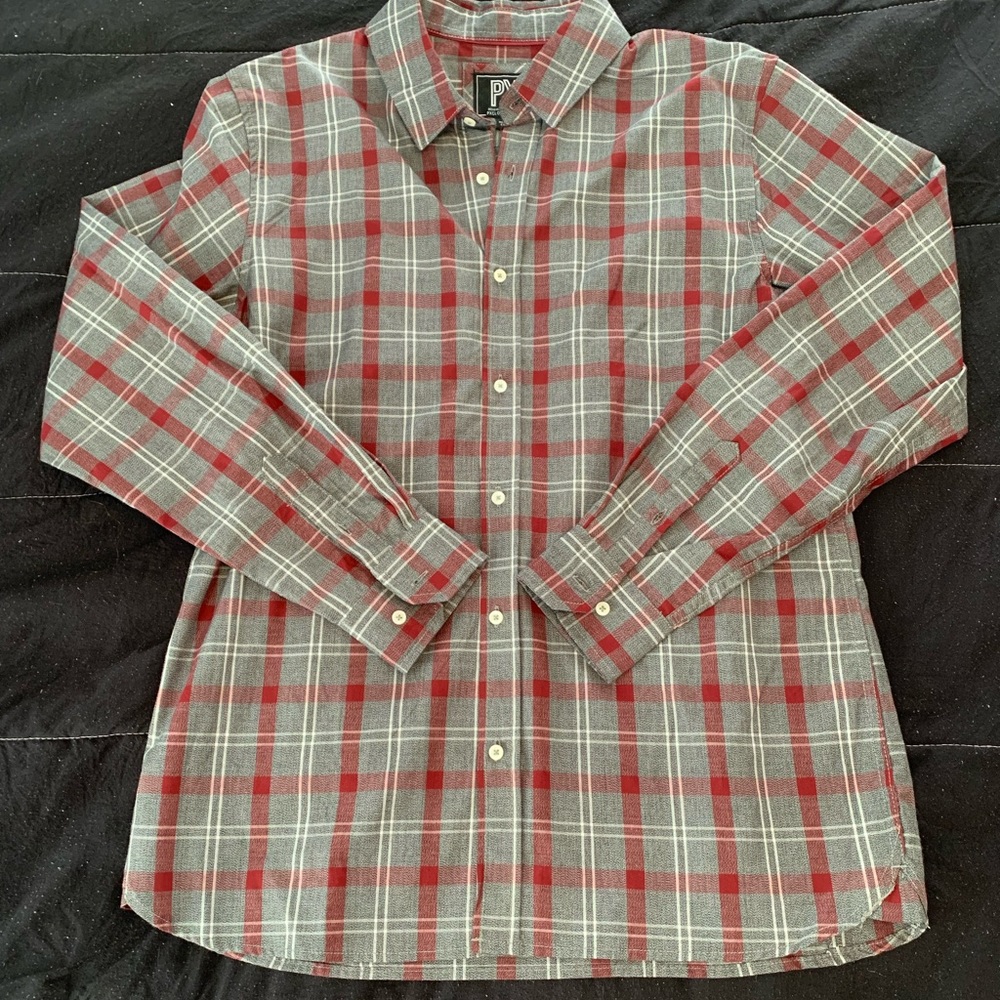 Men’s size Medium. PX brand. Gray red and white plaid. Long sleeve button down